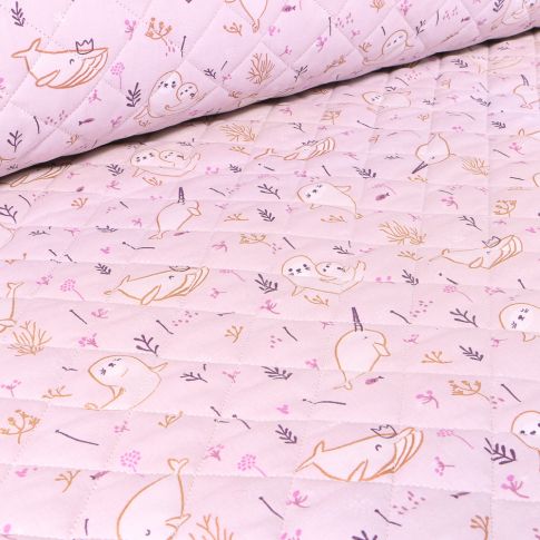 Tissu Matelassé Baleines et otaries sur fond Rose pâle