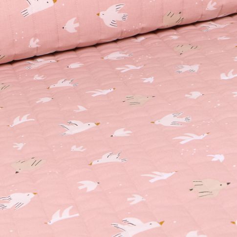 Tissu Matelassé Oiseaux sur fond Rose