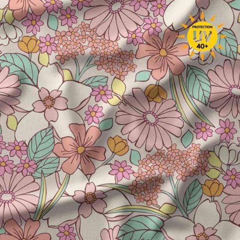 Tissu Lycra maillot de bain anti UV fleurs Willow sur fond Beige