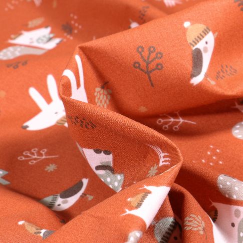 Tissu Coton imprimé Arty Woody sur fond Rouille