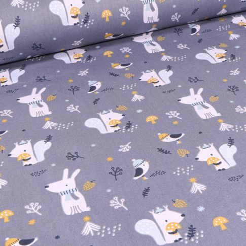 Tissu Coton imprimé Arty Ecureuils et lapins sur fond Gris foncé