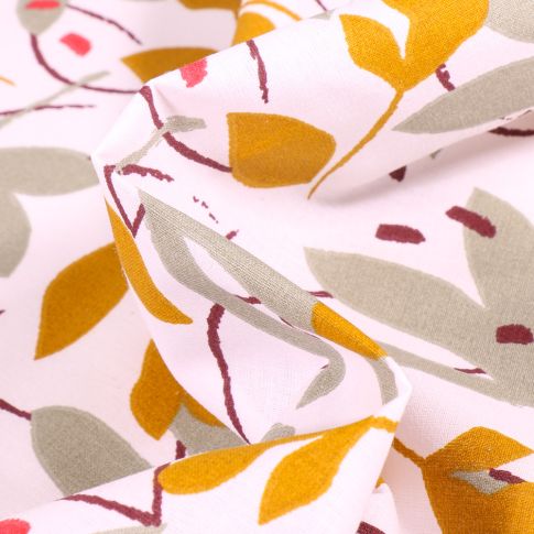 Tissu Coton imprimé Arty Ydori grège et ocre sur fond Blanc