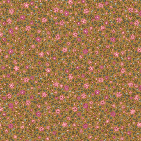 Tissu Popeline de Coton Yvette rose sur fond Camel
