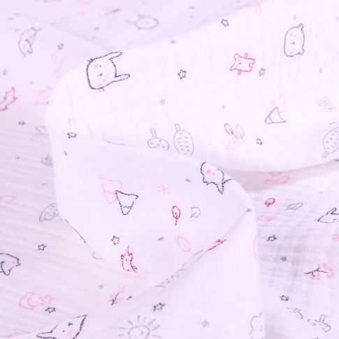 Tissu Double gaze Zami rose sur fond Blanc