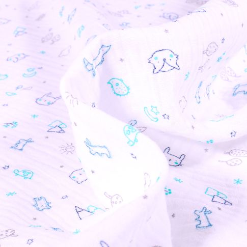 Tissu Double gaze Zami bleu sur fond Blanc