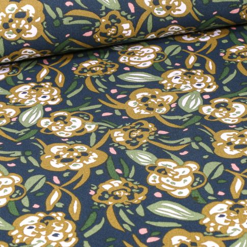Tissu Viscose Zoelie olive sur fond Bleu marine