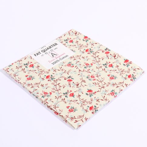 Coupon de tissu Coton imprimé Fleuri Léna rouge sur fond Ecru - 45 x 55 cm