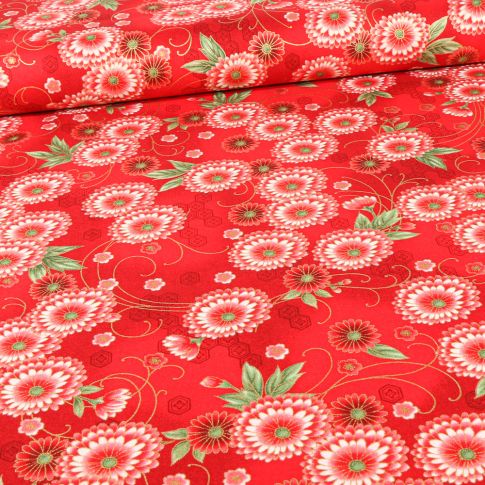 Tissu  Robert Kaufman Imperial Fleuris sur fond Rouge