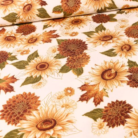 Tissu Robert Kaufman Autumn Bouquet Tournesol sur fond Beige