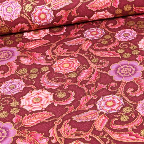 Tissu  Robert Kaufman Persis Claret Arabesque sur fond Rouge