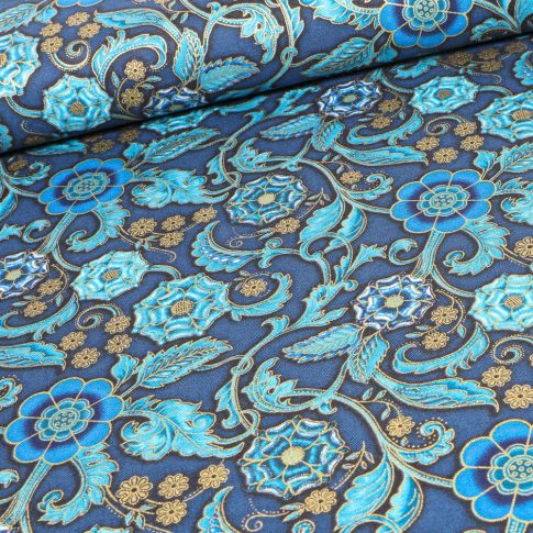 Tissu  Robert Kaufman Persis Teal Blue Arabesque sur fond Bleu marine