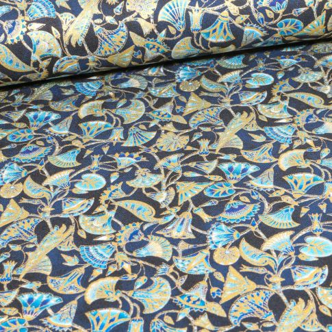Tissu  Robert Kaufman Persis Teal Blue végétal sur fond Bleu