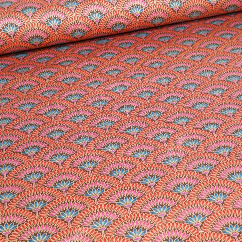 Tissu Robert Kaufman Persis Wineberry éventails sur fond Corail
