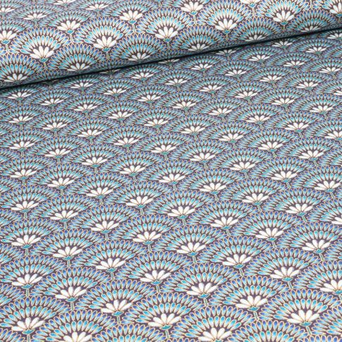 Tissu Robert Kaufman Persis Peacock éventails sur fond Bleu acier