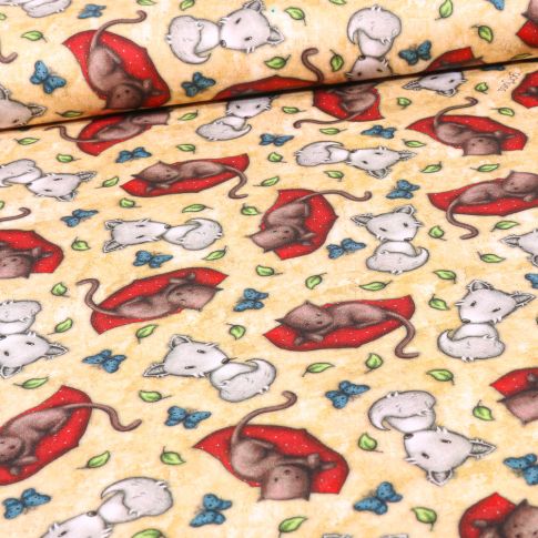 Tissu Coton imprimé Santoro London cat sur fond Jaune