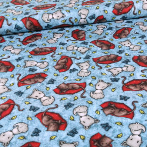 Tissu Coton imprimé Santoro London cat sur fond Bleu
