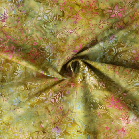 Tissu Coton imprimé Batik Virelia sur fond Vert olive