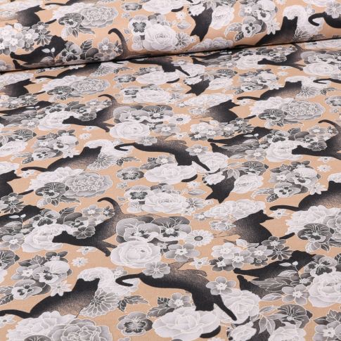 Tissu Coton imprimé Chats et fleurs sur fond Beige