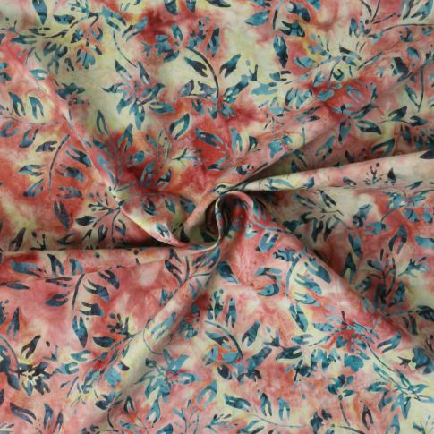 Tissu Coton imprimé Batik Solflame sur fond Jaune pastel