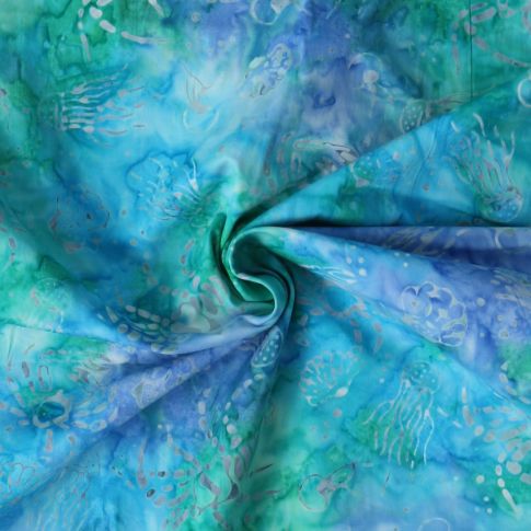 Tissu Coton imprimé Batik Aquaflow sur fond Bleu turquoise