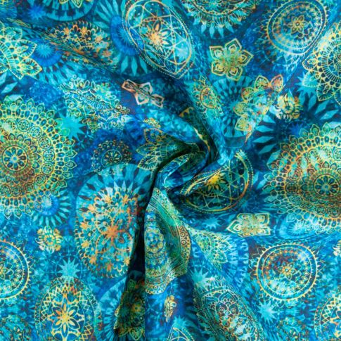 Tissu Coton imprimé Mandalas sur fond Bleu turquoise