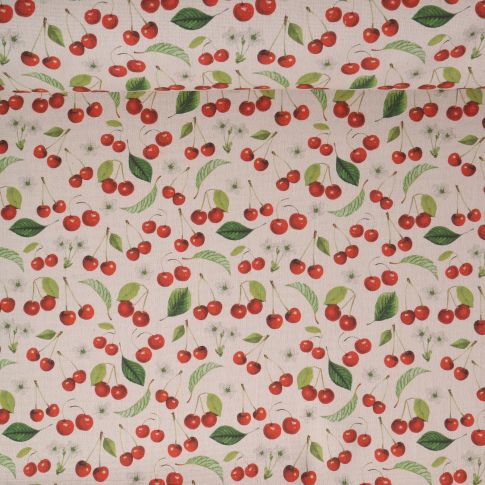 Tissu Toile de Coton aspect lin Cerises cherry sur fond Naturel