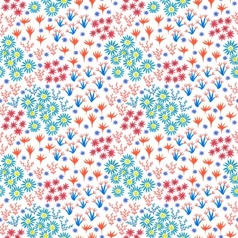 Tissu Coton imprimé Fleuris bleu et rouge sur fond Blanc