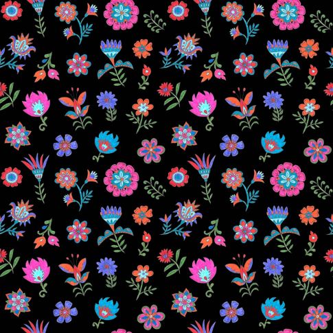 Tissu Coton imprimé Loulou fleuris sur fond Noir