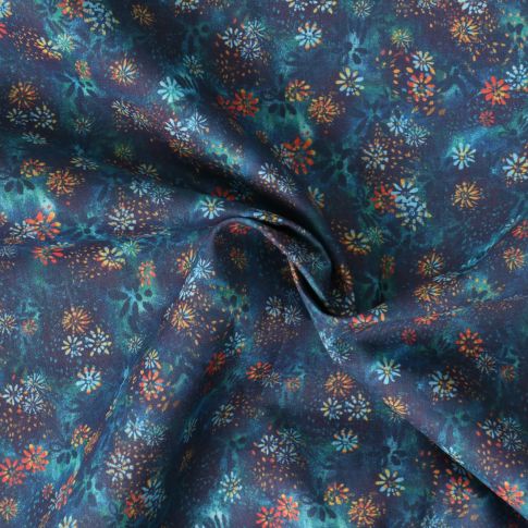 Tissu Coton imprimé  fleuris Nerina sur fond Bleu