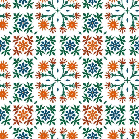 Tissu Coton imprimé Carreaux de ciment vert et orange sur fond Blanc