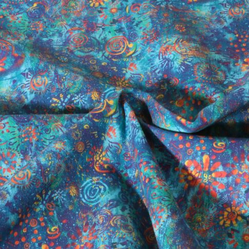 Tissu Popeline de Coton légère Esprit batik sur fond Bleu turquoise