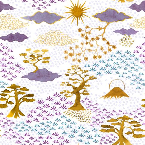 Tissu Coton imprimé Japonais n°1 sur fond Blanc