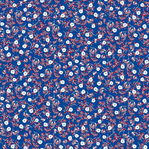 Tissu Voile de Coton Fleuris blanc et rouge sur fond Bleu