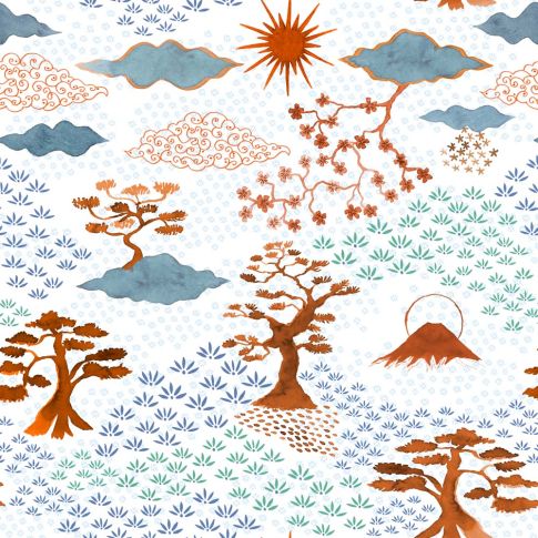 Tissu Coton imprimé Japonais n°2 sur fond Blanc