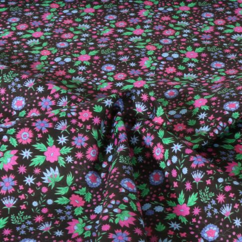 Tissu Popeline de Coton légère Fleurs sur fond Noir