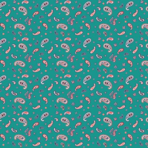 Tissu Coton imprimé Bandana bleu et rouge sur fond Vert émeraude