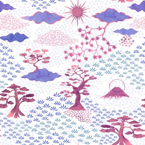 Tissu Coton imprimé Japonais n°3 sur fond Blanc