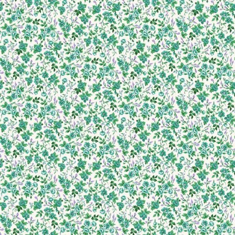 Tissu Voile de Coton Fleuris Vert sur fond Blanc