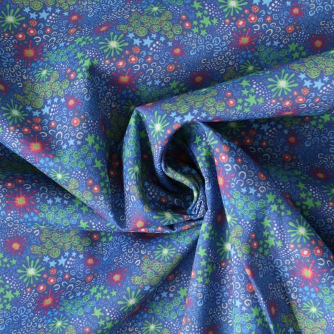 Tissu Coton imprimé  fleuris Florya sur fond Bleu denim