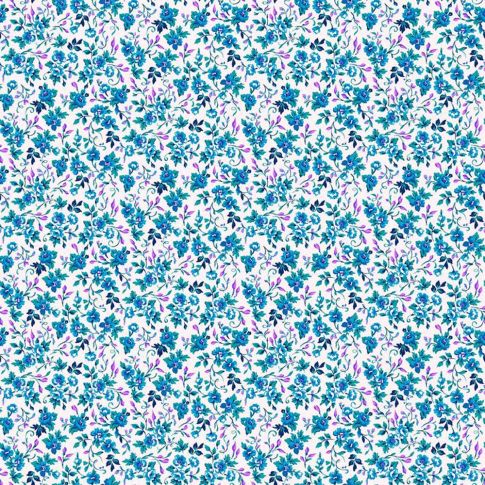 Tissu Voile de Coton Fleuris bleu sur fond Blanc