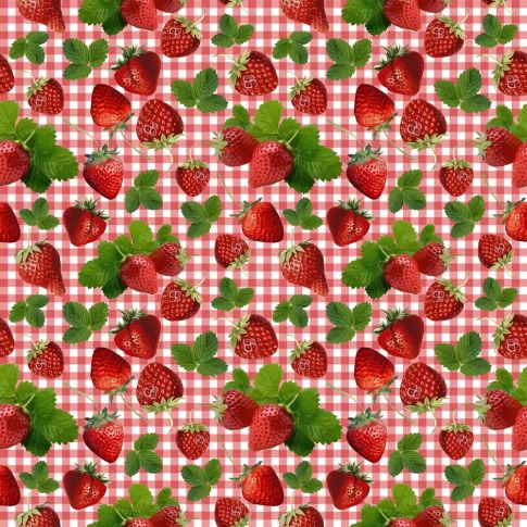 Tissu Coton imprimé Vichy rouge et fraises sur fond Blanc