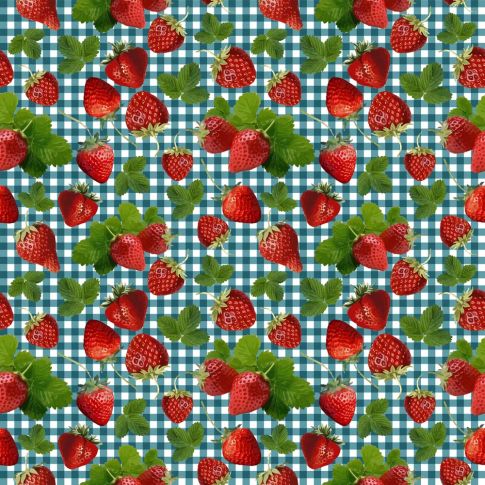 Tissu Coton imprimé Vichy canard et fraises sur fond Blanc