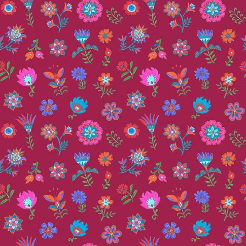 Tissu Coton imprimé Loulou fleuris sur fond Framboise