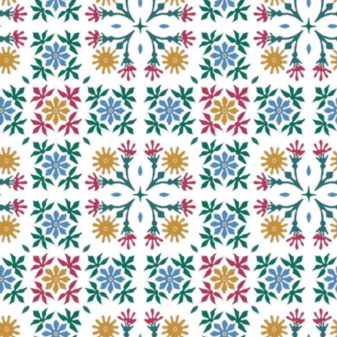 Tissu Coton imprimé Carreaux de ciment vert et bleu sur fond Blanc