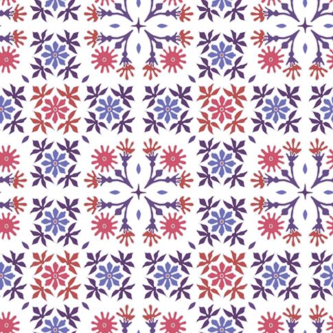 Tissu Coton imprimé Carreaux de ciment violet et parme sur fond Blanc