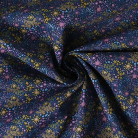 Tissu Coton imprimé  feuris Elynai sur fond Bleu nuit
