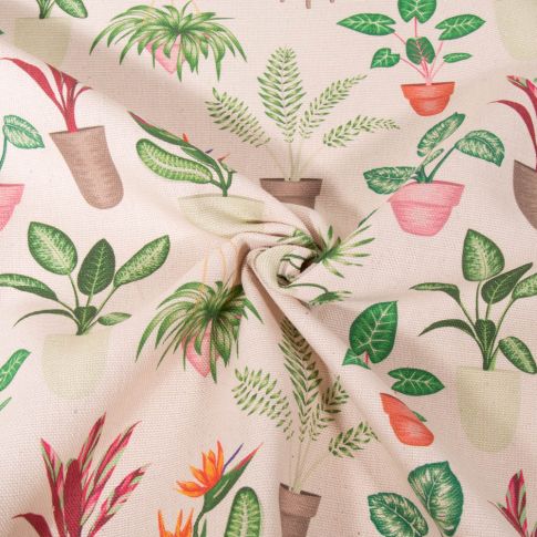 Tissu Toile de Coton aspect lin Plantes sur fond Naturel