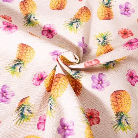 Tissu Toile de Coton aspect lin Ananas et fleurs sur fond Naturel