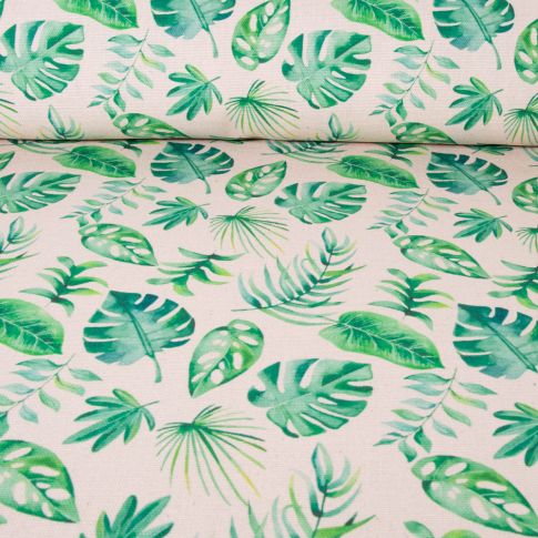Tissu Toile de Coton aspect lin feuilles de monstera sur fond Naturel
