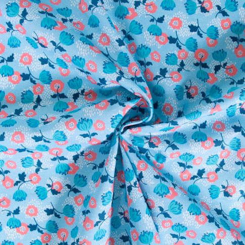 Tissu Coton imprimé Fleuris Jules sur fond Bleu